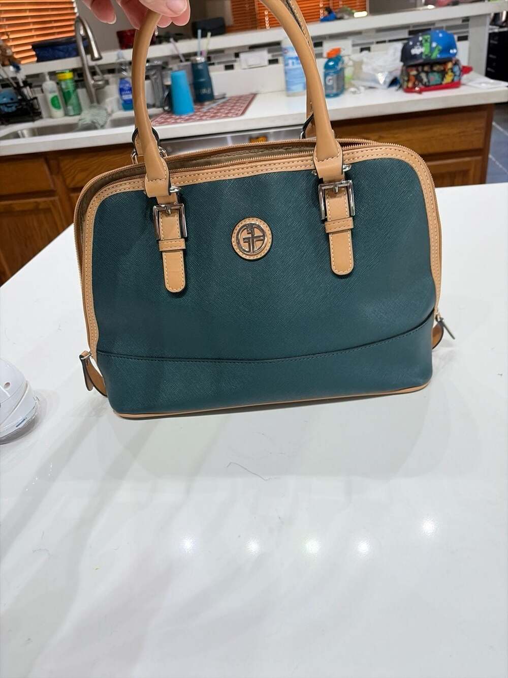 Giani Bernini Saffiano Faux Leather Dome Satchel Handbag, Teal/Tan, 12.5"